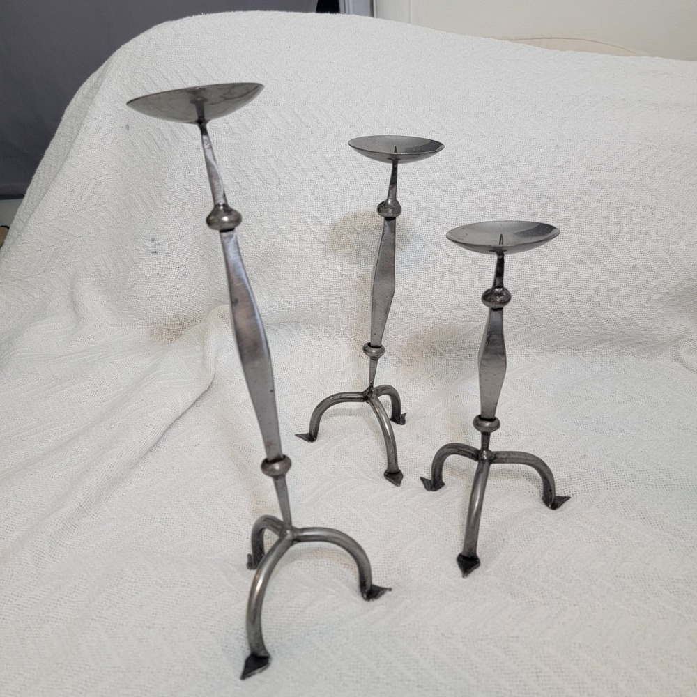 Set of 3 Brutalist‎ Handmade Metal Candlesticks MCM Midcentury Modern Rustic